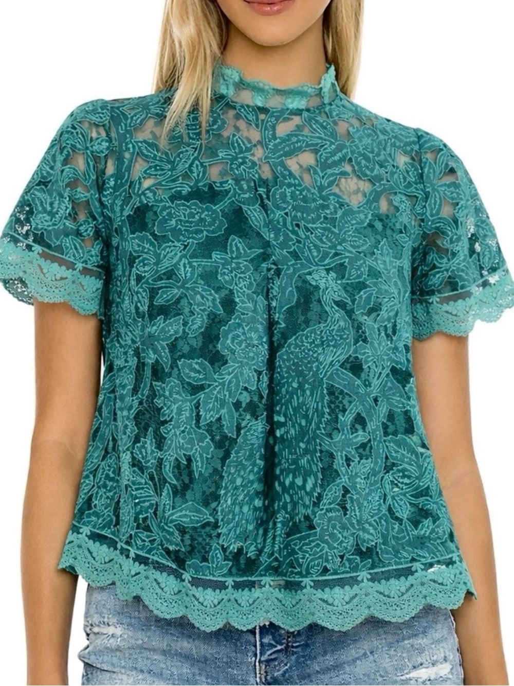 Teal Lace a-line high neck top by Anthropologie HD in Paris.